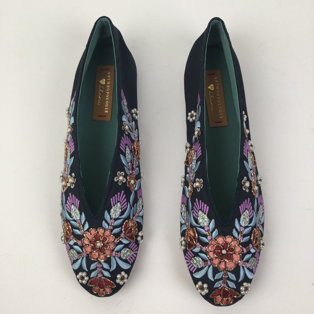 New Anthropologie Llani Embroidered Blue Flats 8.5